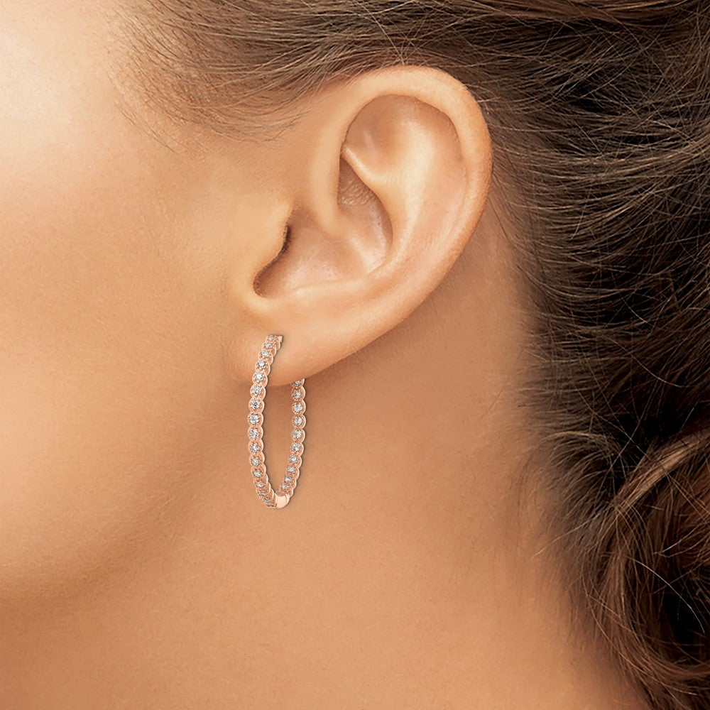 QE16306 Sterling Silver Polished Rose-tone In & Out CZ Hinged Hoop Earrings