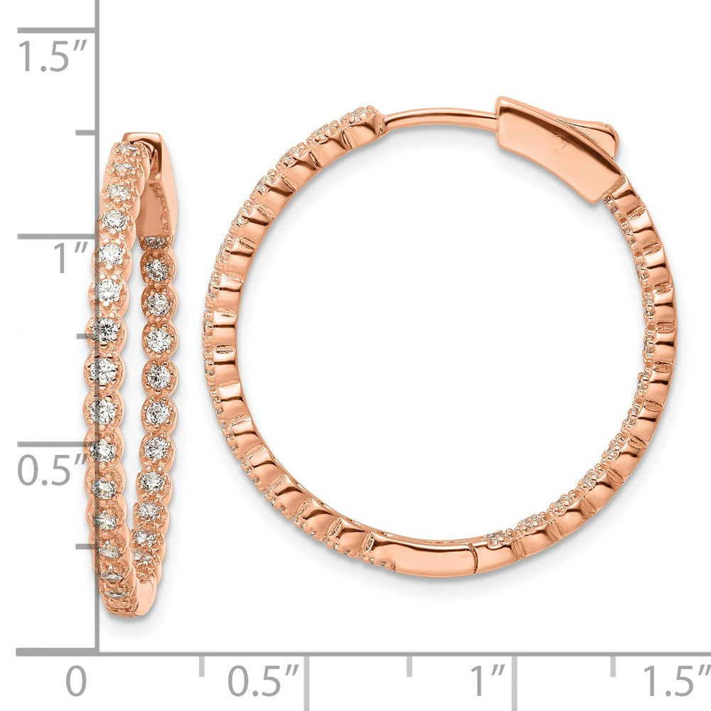 QE16306 Sterling Silver Polished Rose-tone In & Out CZ Hinged Hoop Earrings