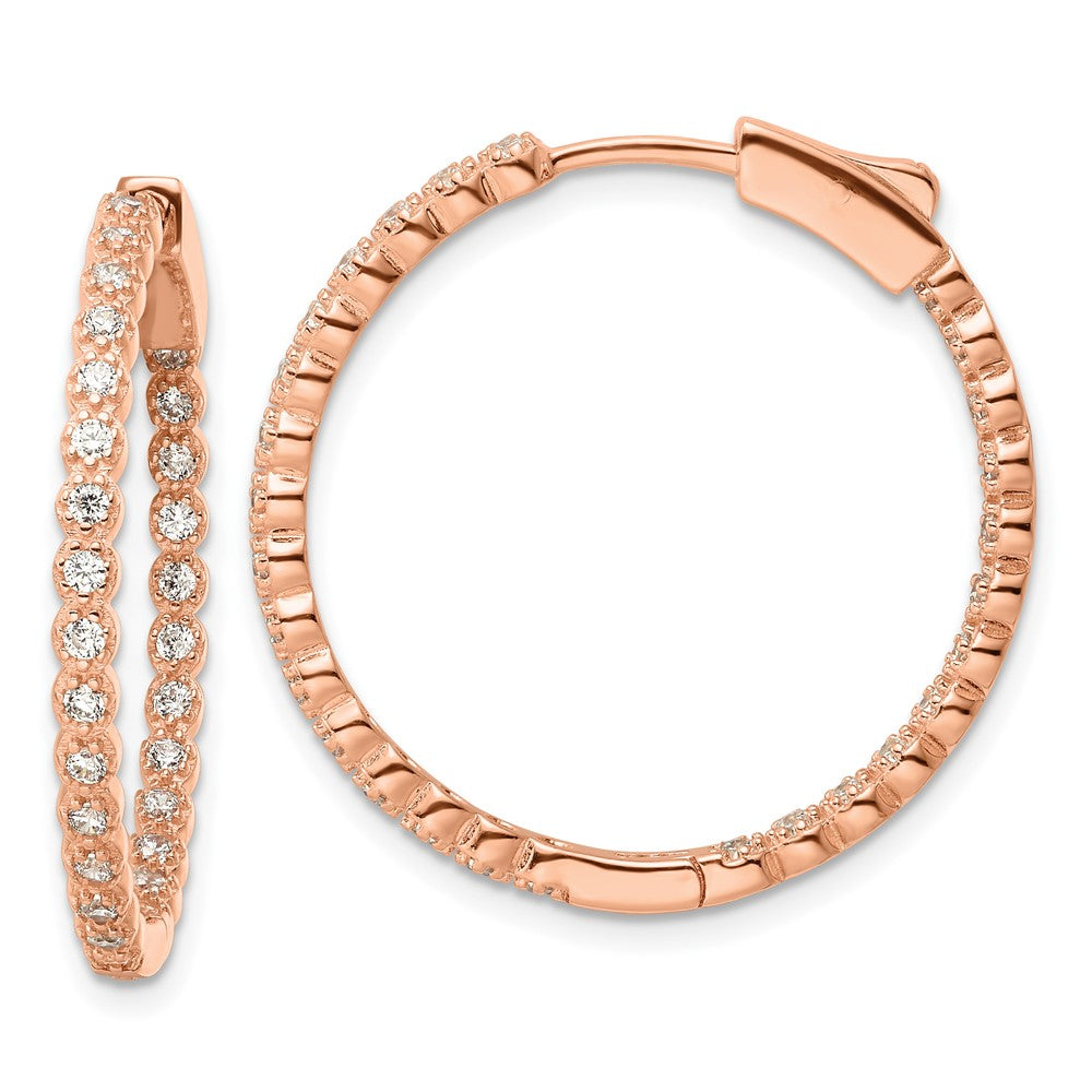 QE16306 Sterling Silver Polished Rose-tone In & Out CZ Hinged Hoop Earrings