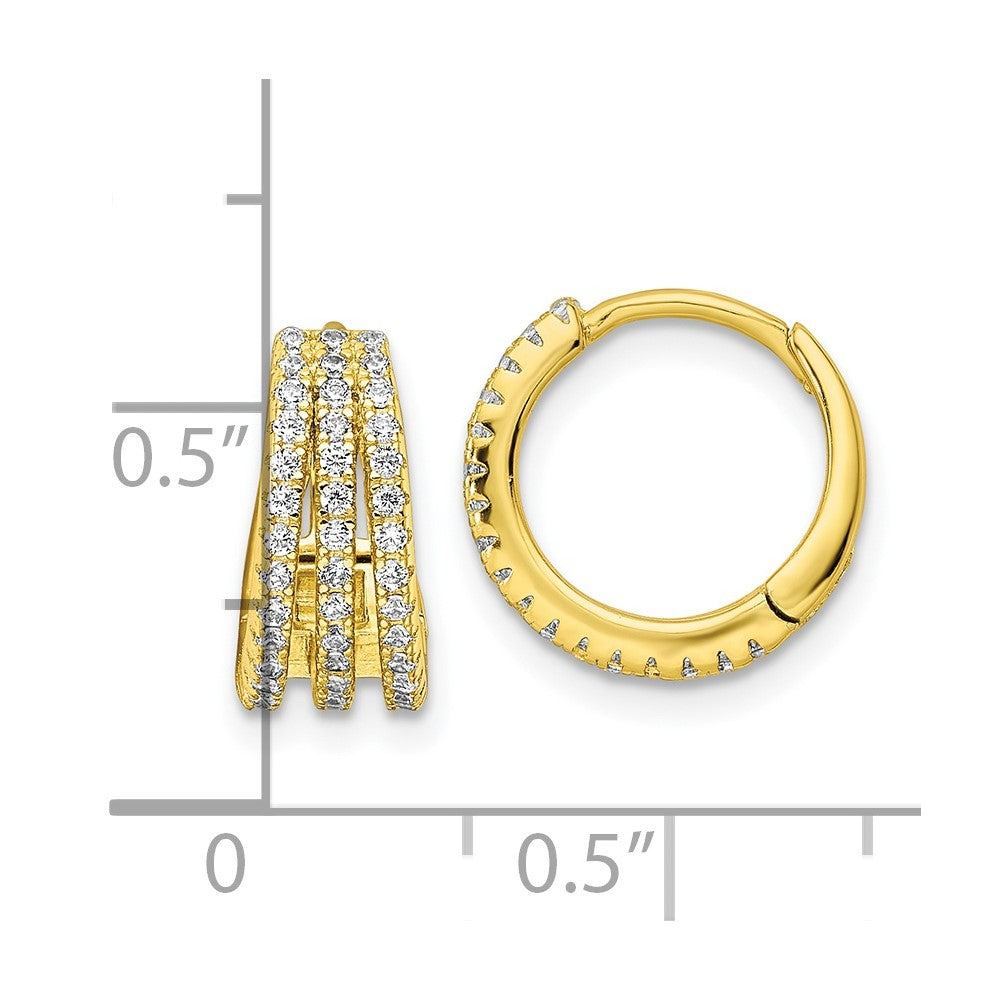 QE16308 Sterling Silver Gold-tone Polished Triple Row CZ Hinged Hoop Earrings