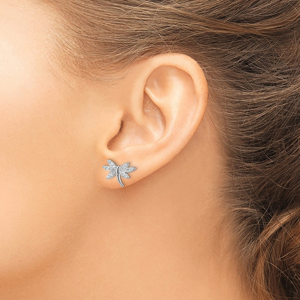 QE16549 Sterling Silver Rhodium-plated CZ Dragonfly Post Earrings