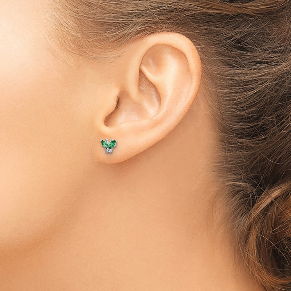 QE16556 Sterling Silver Rhodium-plated Green & White CZ Butterfly Post Earrings