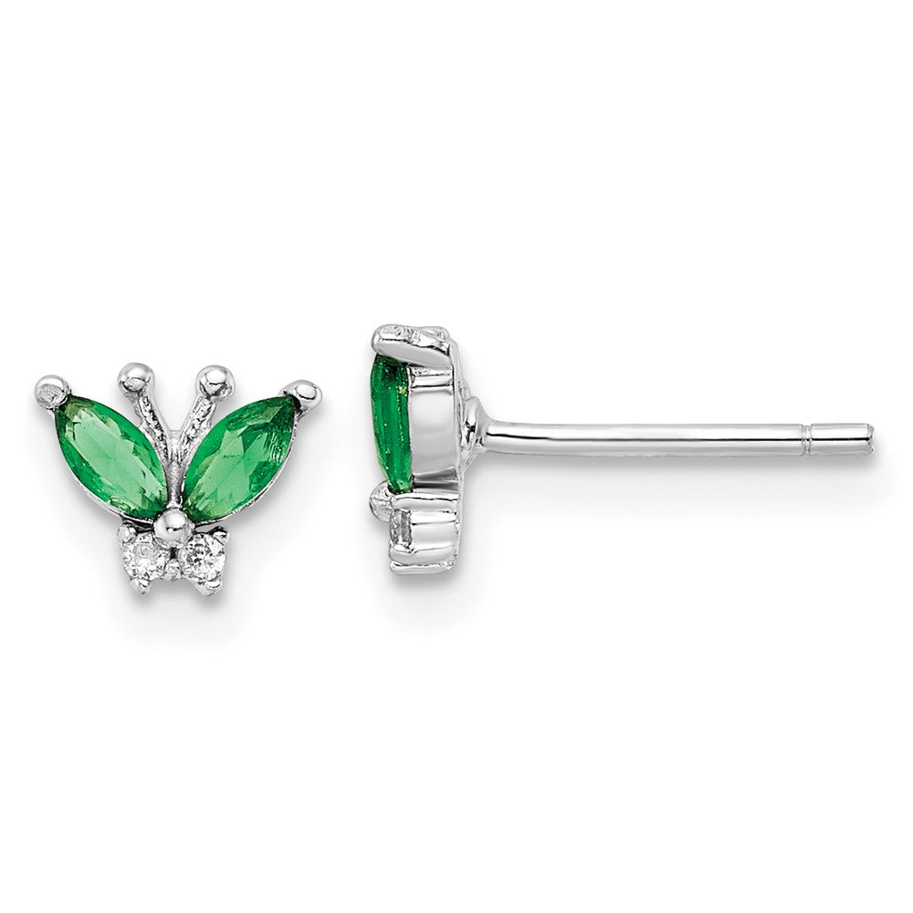 QE16556 Sterling Silver Rhodium-plated Green & White CZ Butterfly Post Earrings