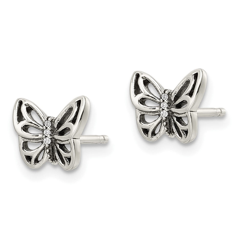QE16560 Sterling Silver Antiqued CZ Butterfly Post Earrings