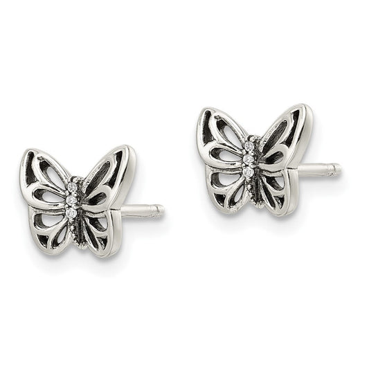 QE16560 Sterling Silver Antiqued CZ Butterfly Post Earrings