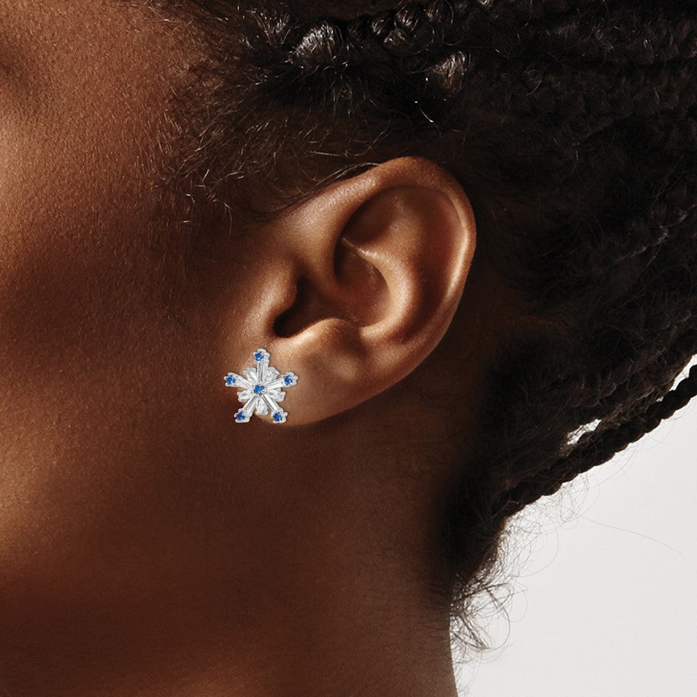 QE16569 Sterling Silver Rhodium-plated Polished Blue & White CZ Snowflake Post Earr