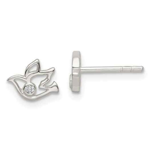 QE16585 Sterling Silver Polished CZ Dove Post Earrings