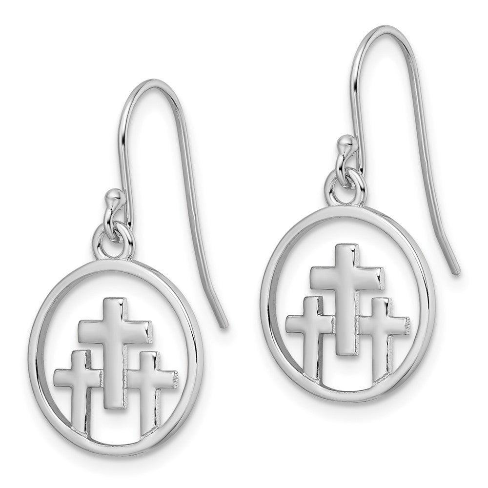 QE16590 Sterling Silver RH-plated Polished 3 Crosses in Circle Dangle Earrings
