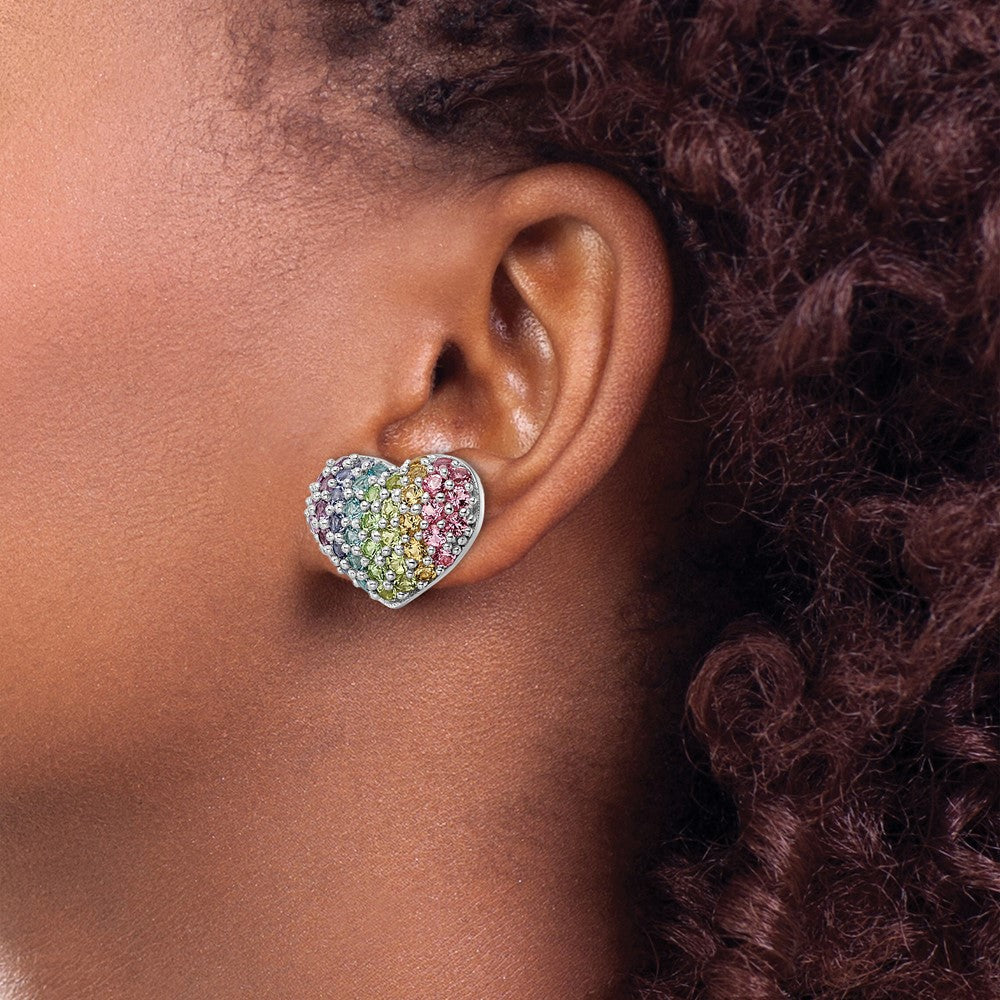 QE16592 Sterling Silver Rhodium-plated Rainbow Crystal Heart Post Earrings