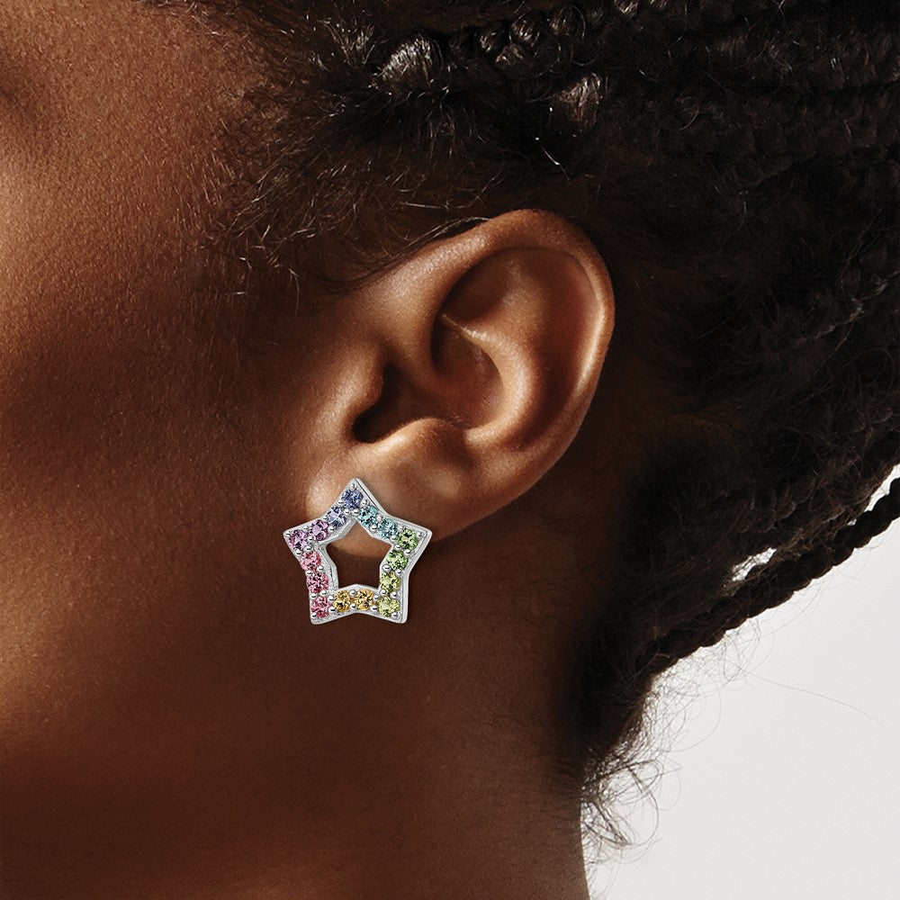 QE16598 Sterling Silver Rhodium-plated Rainbow Crystal Star Post Earrings