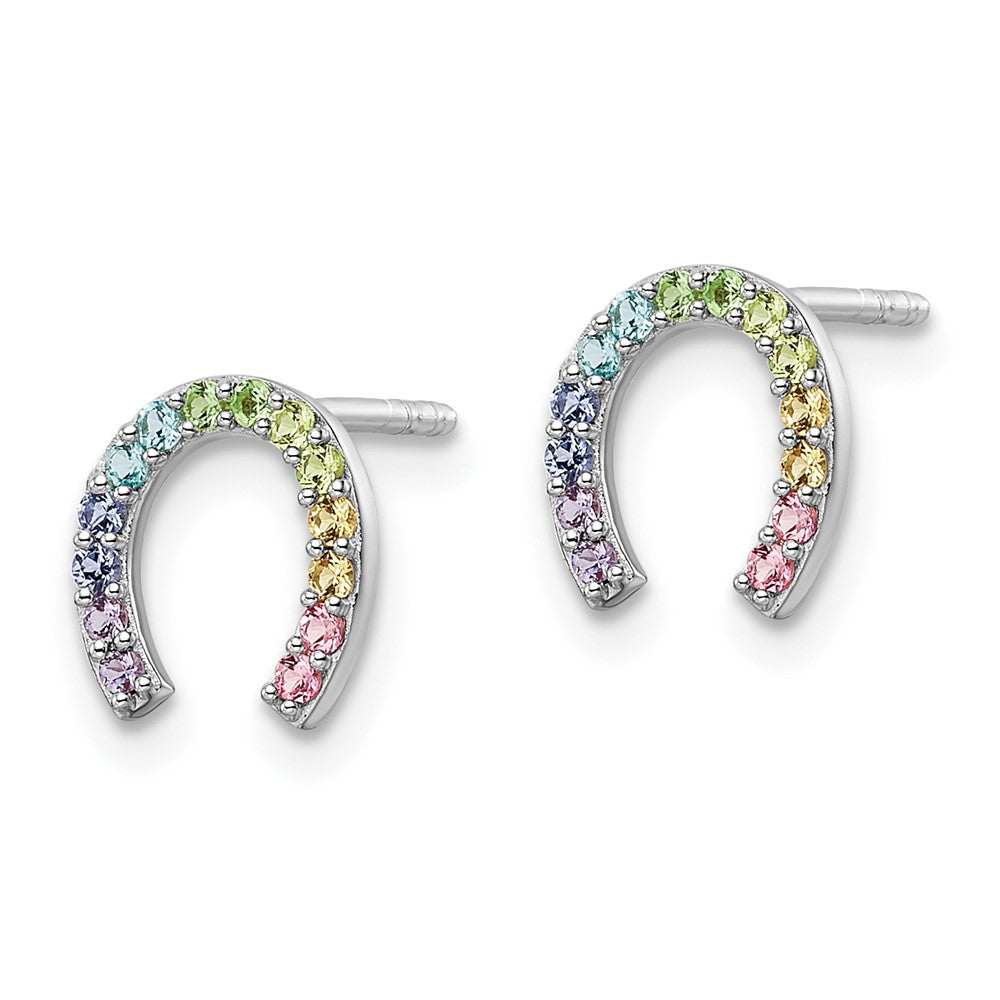 QE16601 Sterling Silver RH-plated Rainbow Crystal Horseshoe Post Earrings