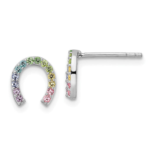 QE16601 Sterling Silver RH-plated Rainbow Crystal Horseshoe Post Earrings
