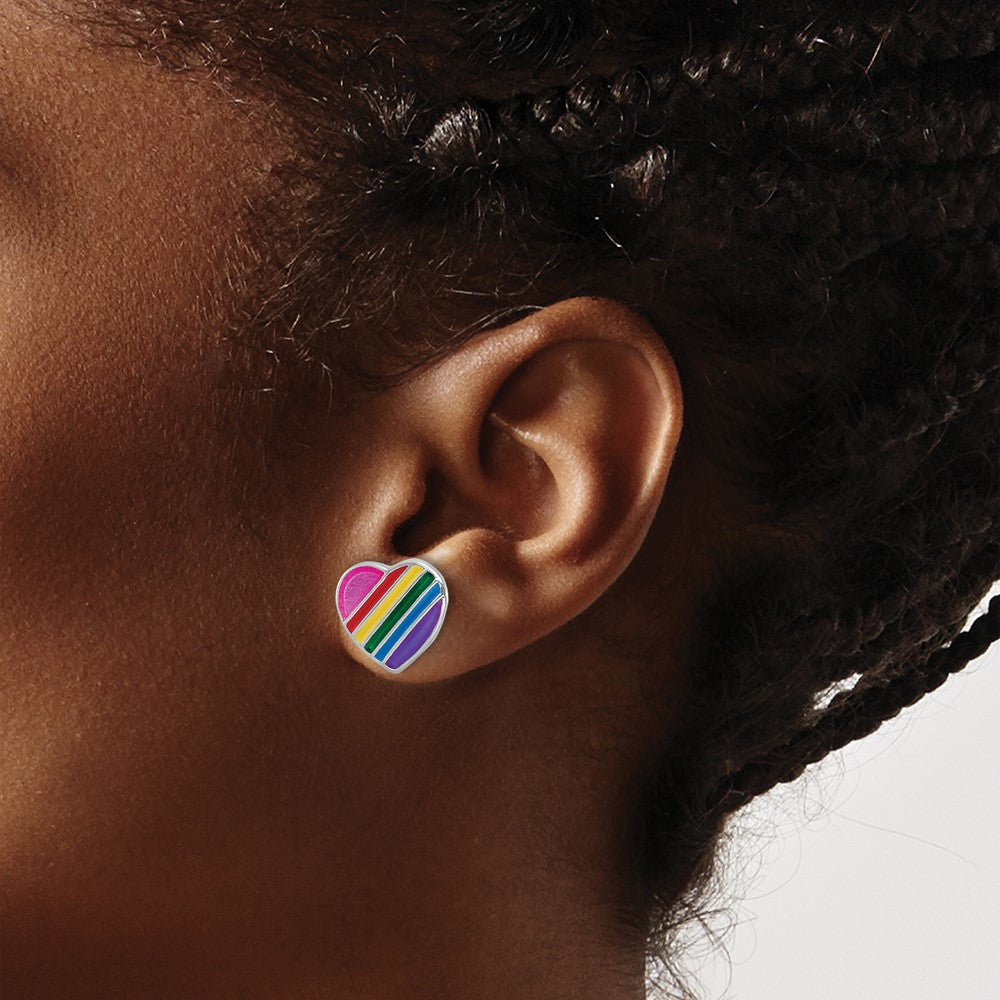 QE16603 Sterling Silver Rhodium-plated Polished Rainbow Enameled Heart Children's Post Earrings