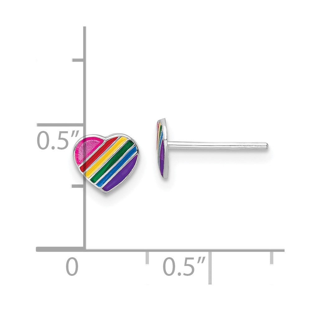 QE16603 Sterling Silver Rhodium-plated Polished Rainbow Enameled Heart Children's Post Earrings