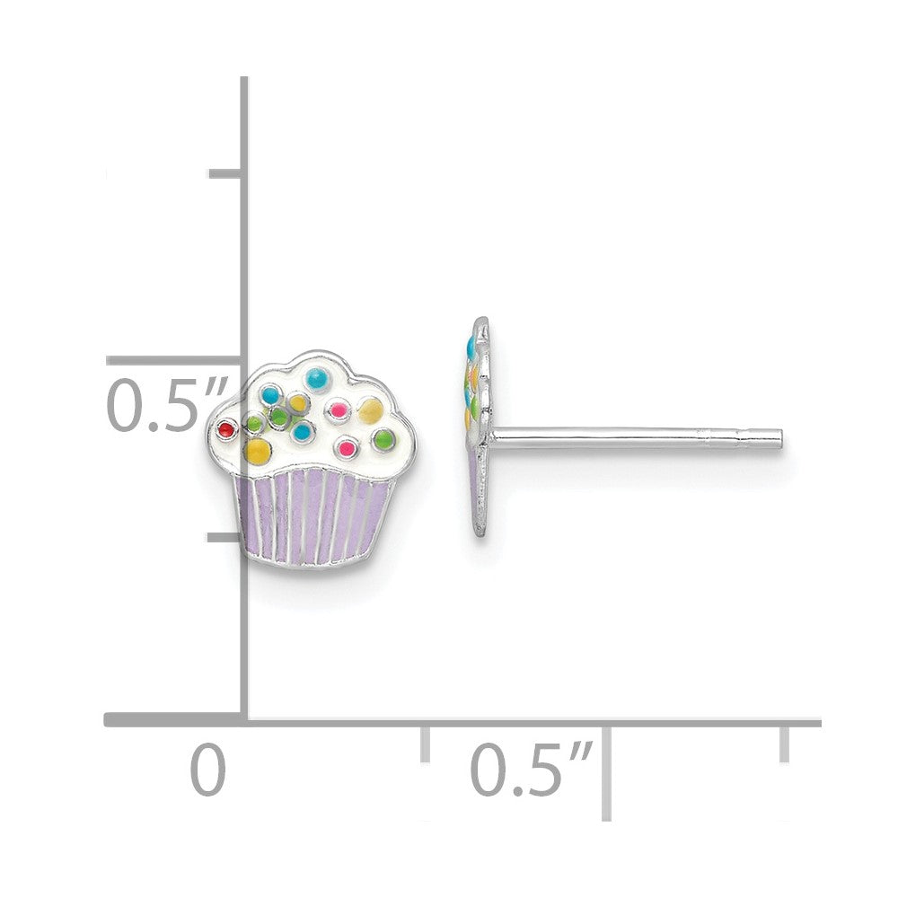 QE16611 Sterling Silver Rhodium-plated Polished Multi-color Enameled Cupcake Children's Post Earrings