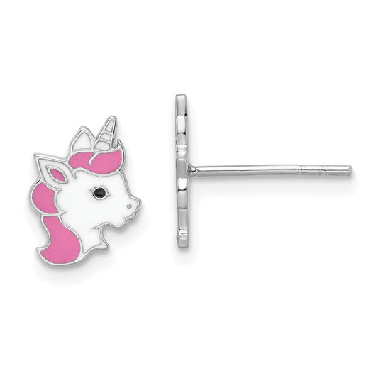 QE16612 Sterling Silver Rhodium-plated Polished Multi-color Enamel Unicorn Head Children's Post Earrings