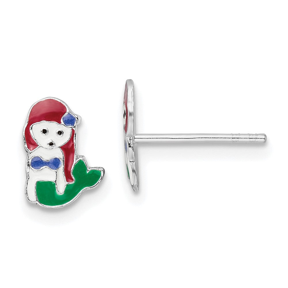 QE16613 Sterling Silver Rhodium-plated Polished and Multi-color Enameled Mermaid Children's Post Earrings