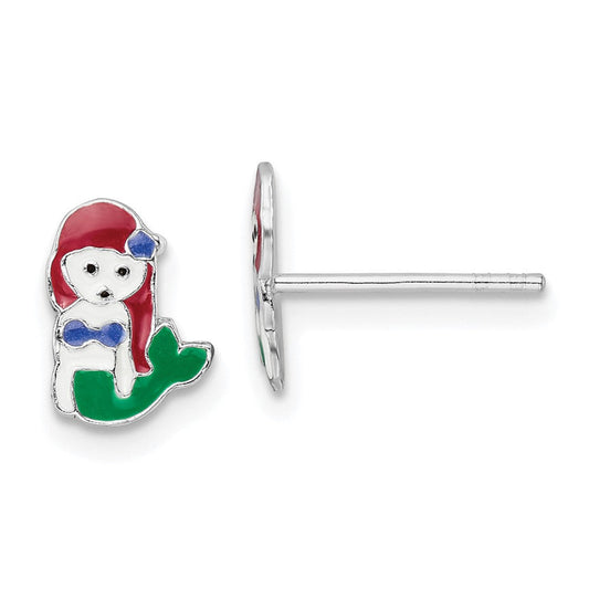 QE16613 Sterling Silver Rhodium-plated Polished and Multi-color Enameled Mermaid Children's Post Earrings