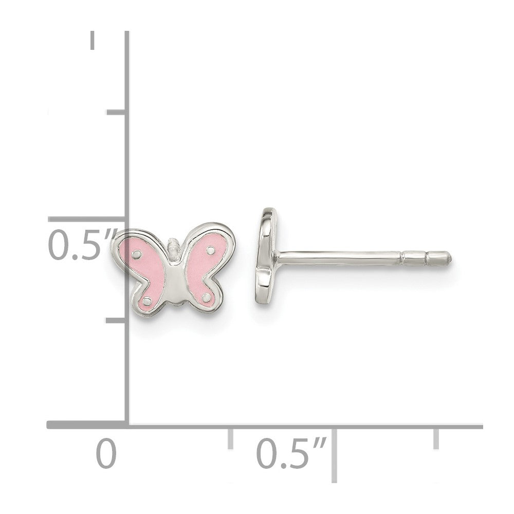 QE16627 Sterling Silver RH-pltd Polish Pink Enamel Butterfly Childs Post Earrings