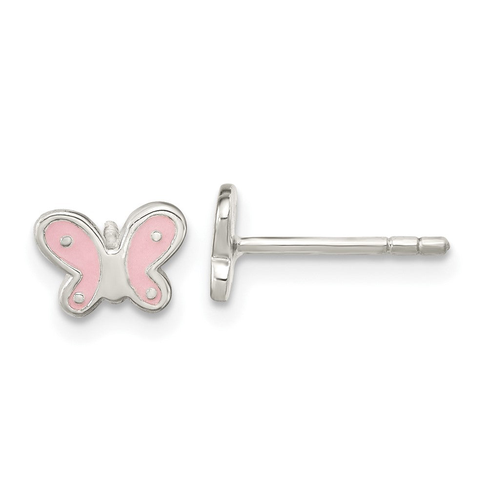 QE16627 Sterling Silver RH-pltd Polish Pink Enamel Butterfly Childs Post Earrings