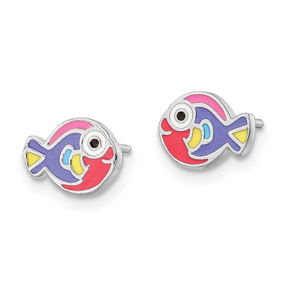 QE16630 Sterling Silver Rhodium-plated Polished Multi-color Enameled Fish Children's Post Earrings
