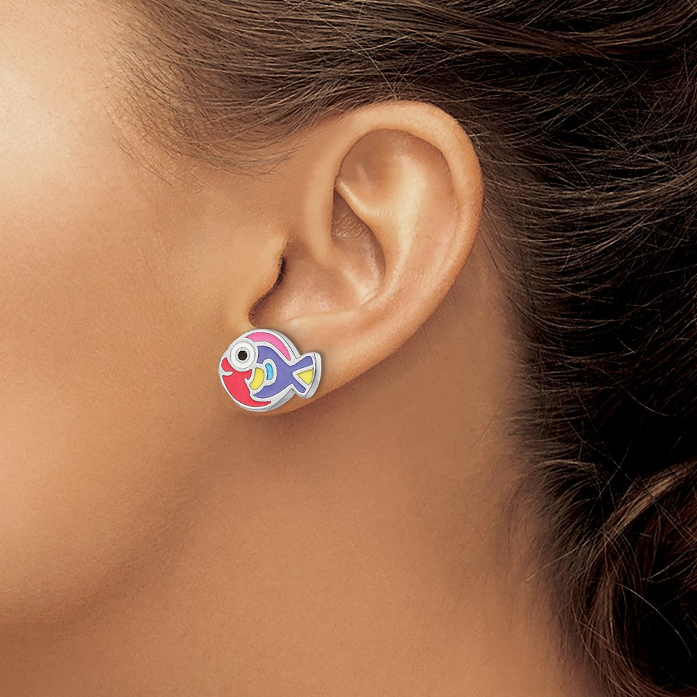 QE16630 Sterling Silver Rhodium-plated Polished Multi-color Enameled Fish Children's Post Earrings