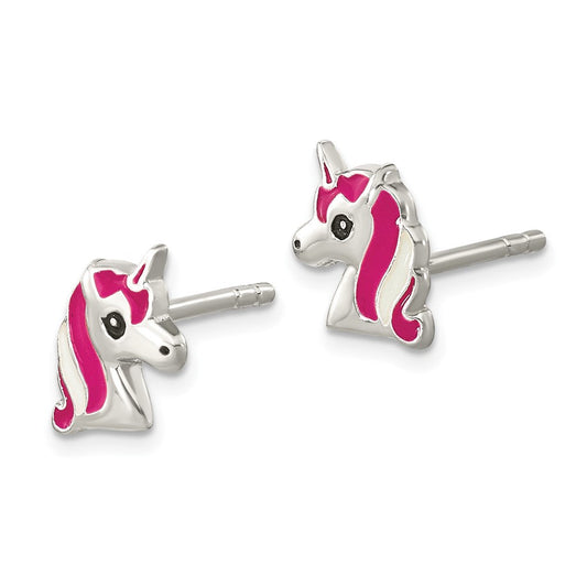 QE16633 Sterling Silver Polished Multi-color Enameled Unicorn Head Children's Post Earrings