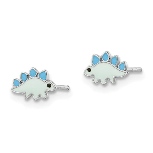 QE16636 Sterling Silver Rhodium-plated Polished & Blue/Black Enameled Dinosaur Children's Post Earrings