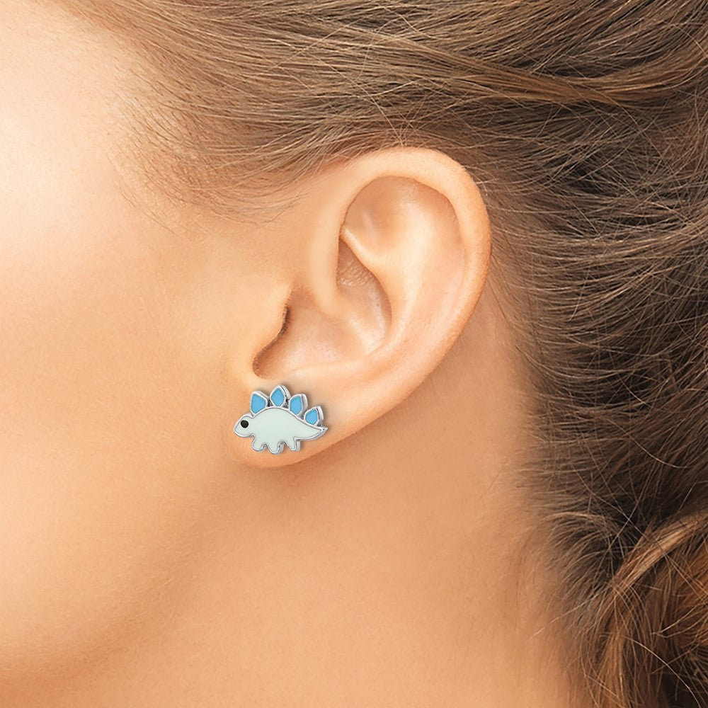 QE16636 Sterling Silver Rhodium-plated Polished & Blue/Black Enameled Dinosaur Children's Post Earrings
