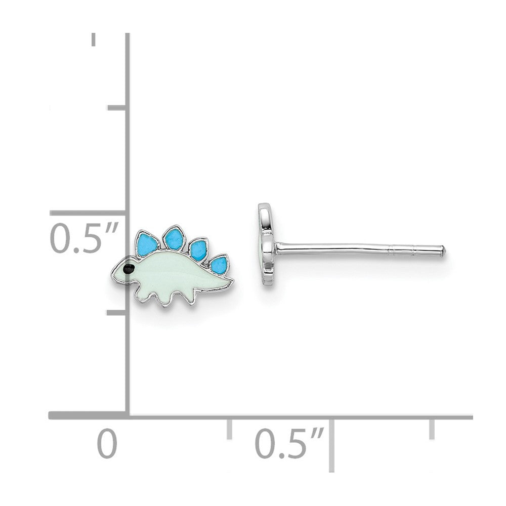 QE16636 Sterling Silver Rhodium-plated Polished & Blue/Black Enameled Dinosaur Children's Post Earrings
