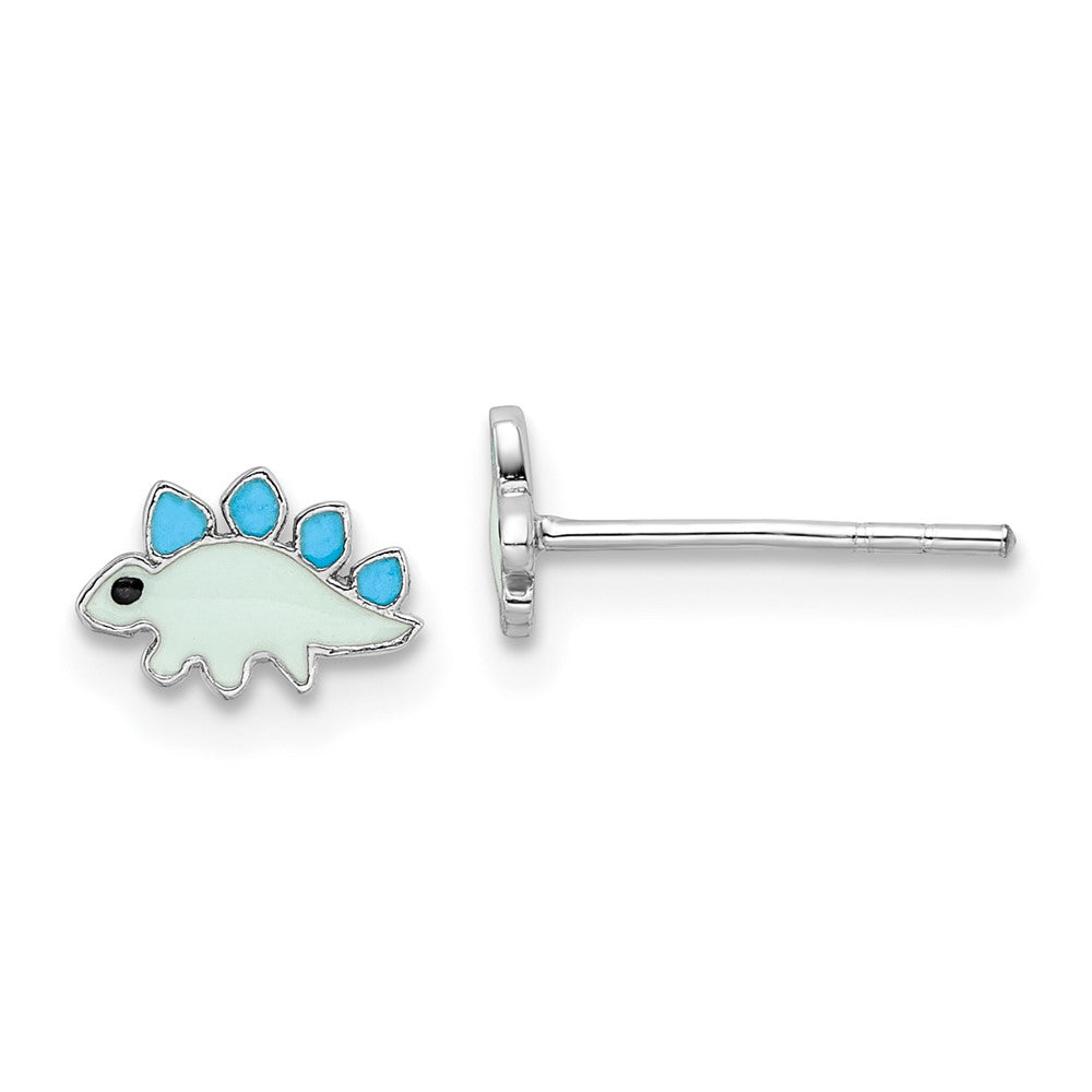 QE16636 Sterling Silver Rhodium-plated Polished & Blue/Black Enameled Dinosaur Children's Post Earrings
