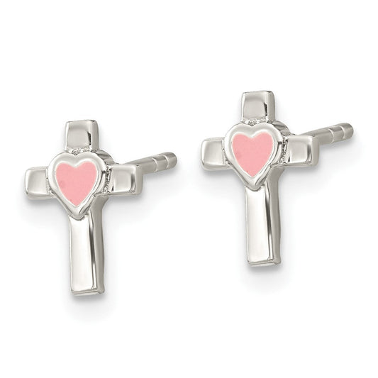 QE16639 Sterling Silver Rhodium-plated Cross Pink Enamel Heart Post Earrings