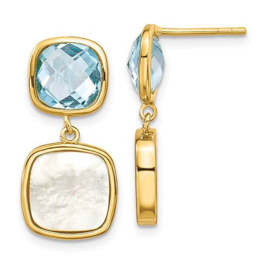 QE16640BT Sterling Silver Gold-plated 3.46BT Blue Topaz & MOP Post Dangle Earrings