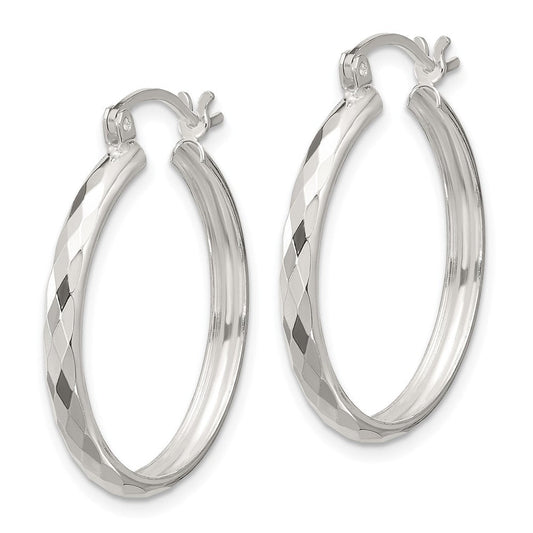 QE16785 Sterling Silver Polished Textured Hoop Earrings