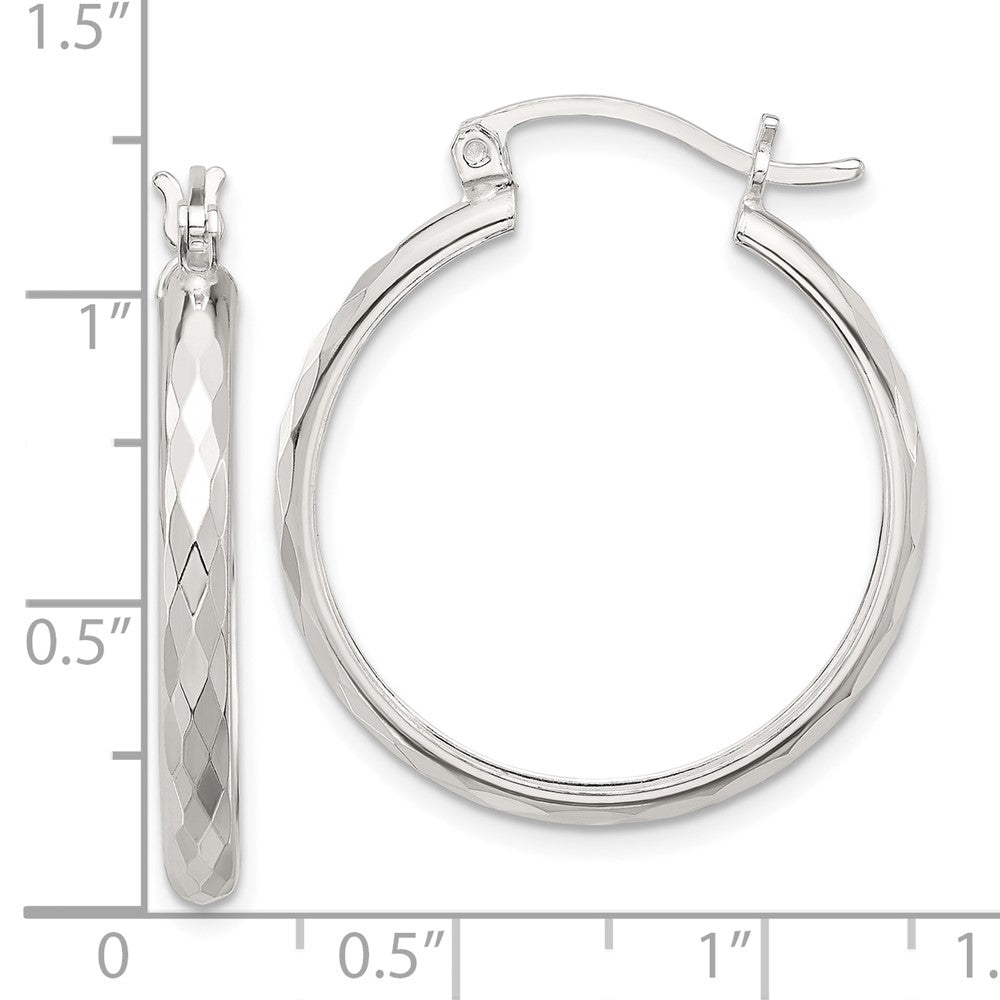 QE16785 Sterling Silver Polished Textured Hoop Earrings