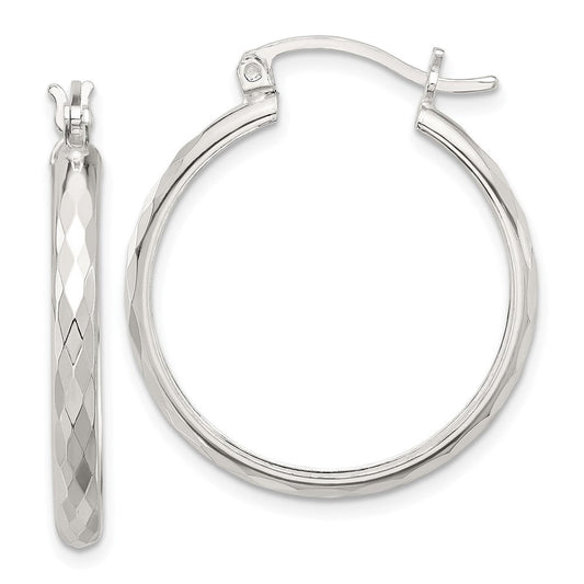 QE16785 Sterling Silver Polished Textured Hoop Earrings