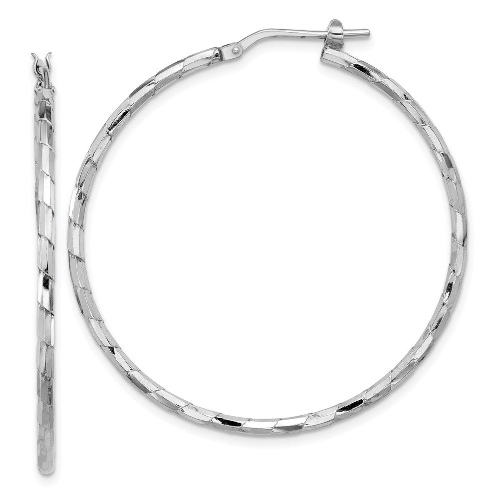 QE16792 Sterling Silver Rhodium-plated Polished Textured 1.60mm Hoop Earrings