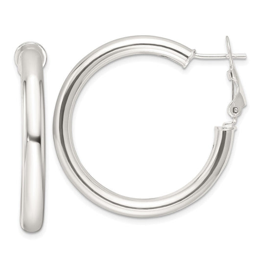 QE16954 Sterling Silver Polished 4mm Omega Back Round Hoop Earrings