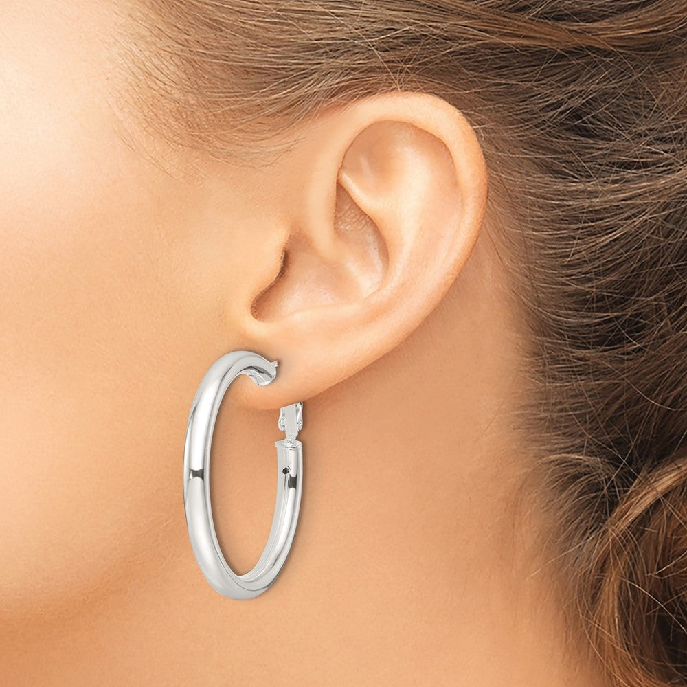 QE16956 Sterling Silver Polished 40x4mm Omega Back Round Hoop Earrings