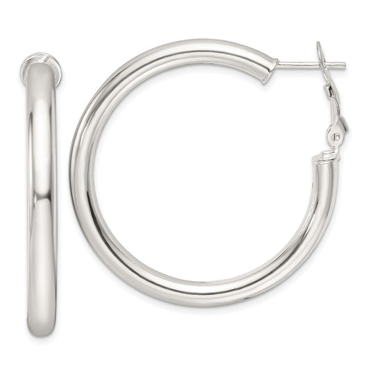 QE16956 Sterling Silver Polished 40x4mm Omega Back Round Hoop Earrings