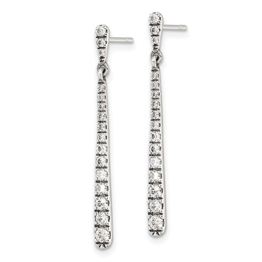 QE17153 Sterling Silver Polished & Antiqued Graduated CZ Post Dangle Earrings