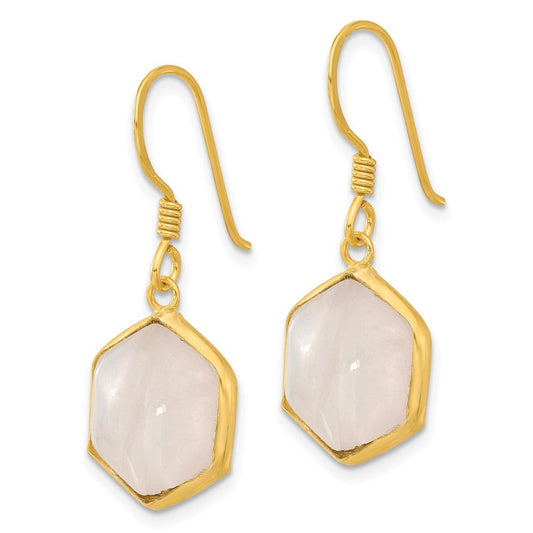 QE17328 Sterling Silver Gold-plated Polished Hexagon Rose Quartz Dangle Earrings