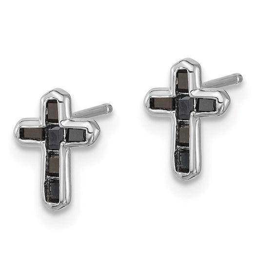 QE17410 Sterling Silver Rhodium-plated Polished Black Spinel Cross Post Earrings