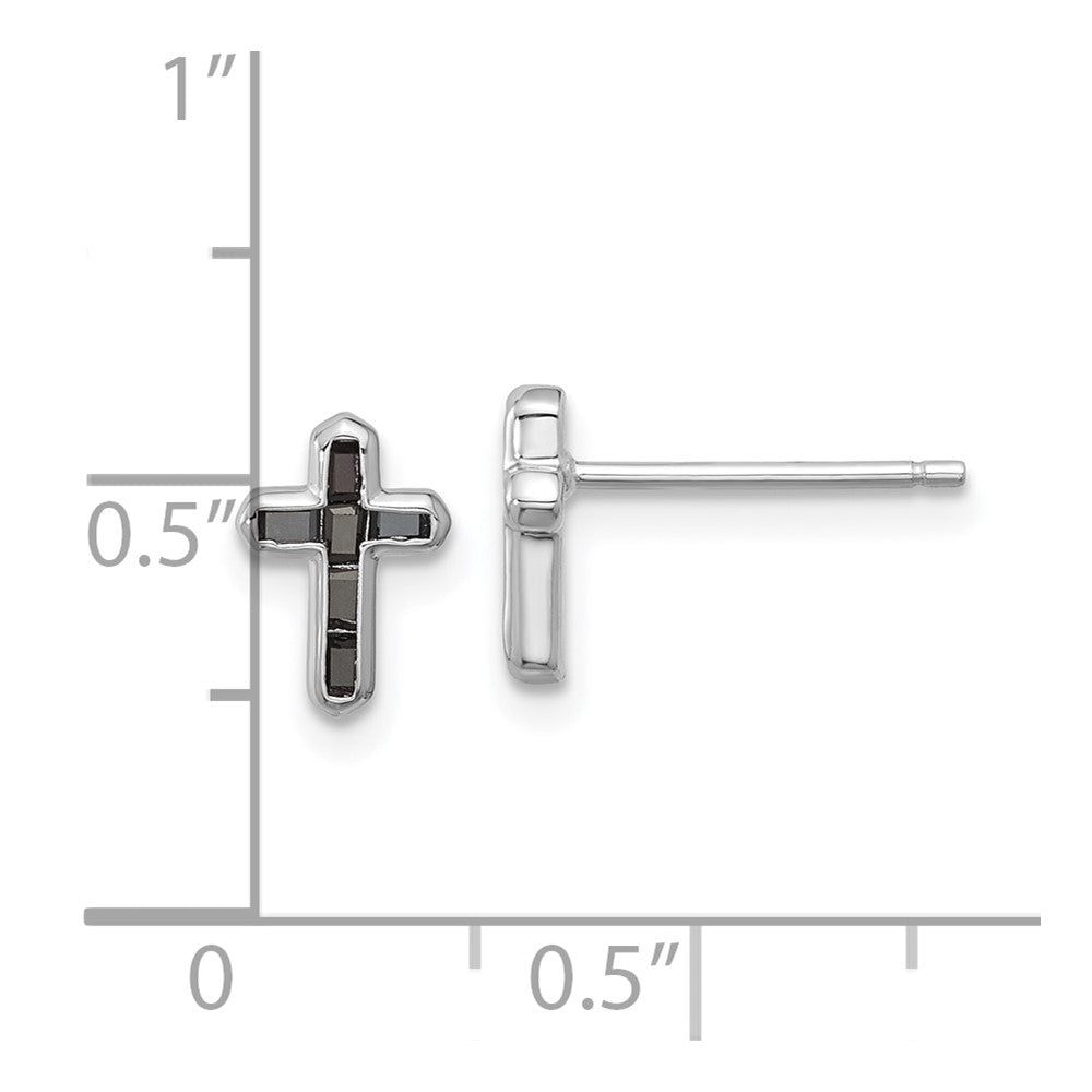 QE17410 Sterling Silver Rhodium-plated Polished Black Spinel Cross Post Earrings