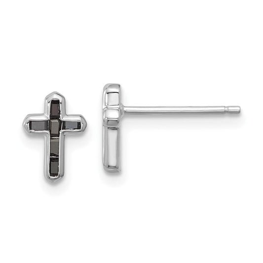 QE17410 Sterling Silver Rhodium-plated Polished Black Spinel Cross Post Earrings