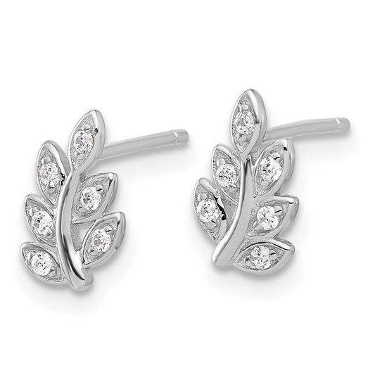 QE17644 Sterling Silver Rhodium-plated CZ Leaf Post Earrings