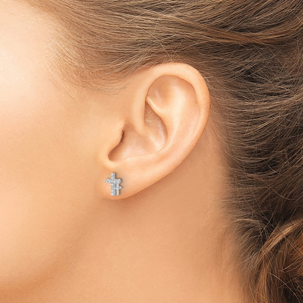 QE17681 Sterling Silver Rhodium-plated Polished CZ Double Cross Post Earrings