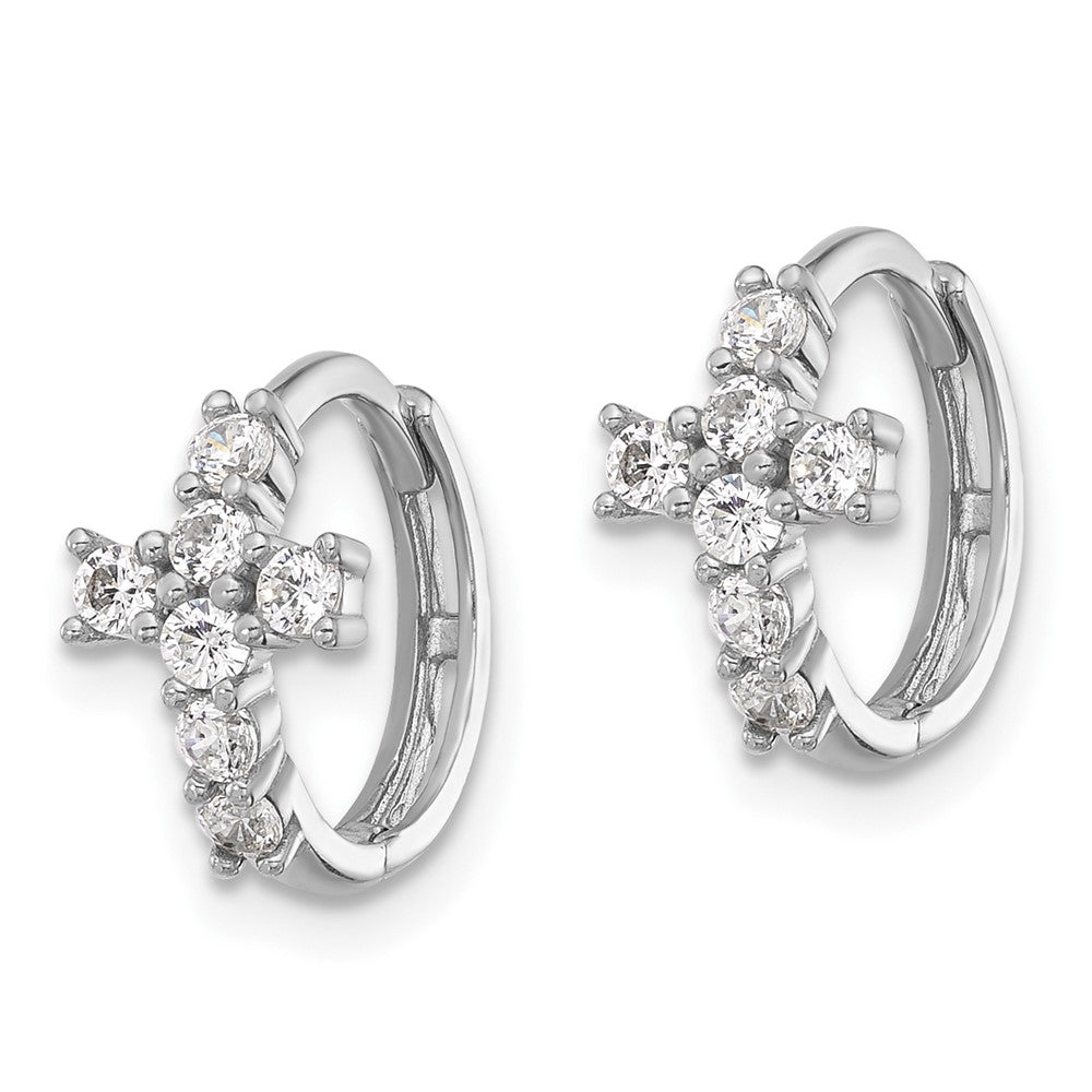 QE17683 Sterling Silver RH-plated Polished CZ Cross Hinged Round Hoop Earrings