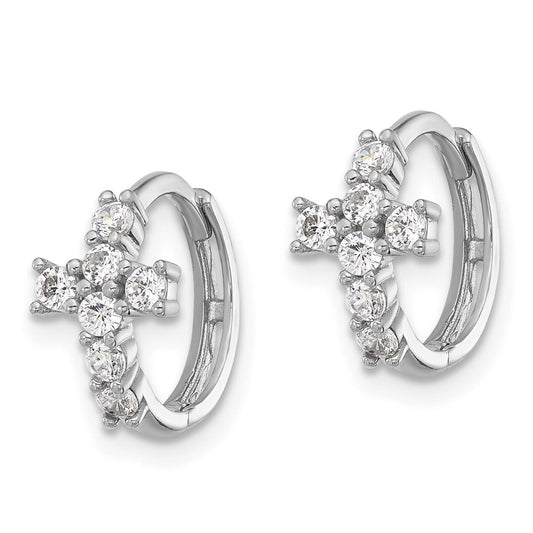 QE17683 Sterling Silver RH-plated Polished CZ Cross Hinged Round Hoop Earrings