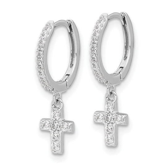 QE17688 Sterling Silver RH-plated Polished CZ Cross Dangle Round Hoop Earrings